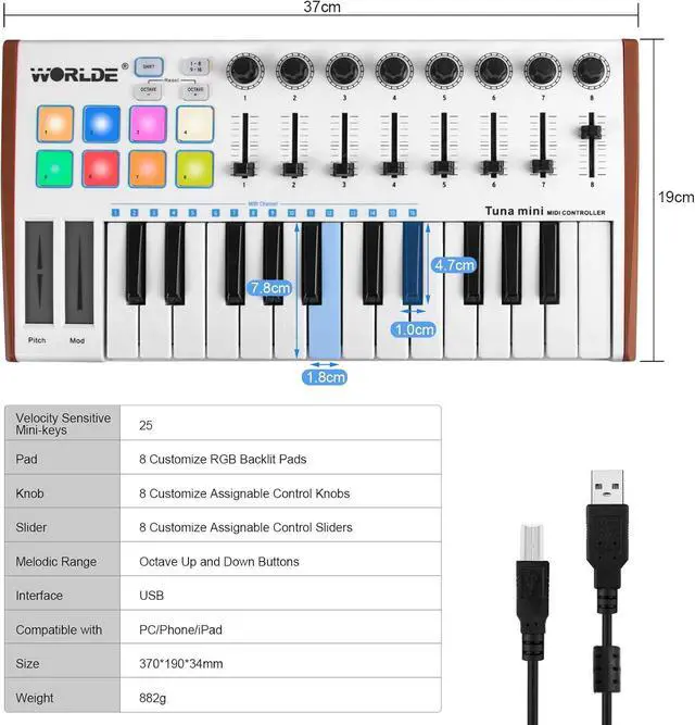 Alt view image 2 of 6 - Midi Controller,  Worlde TUNA PANDA MINI 25 Keys Portable USB Midi Keyboard with 8 RGB Backlit Colorful Drum Beat