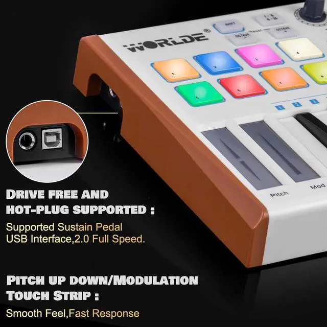 Alt view image 5 of 6 - Midi Controller,  Worlde TUNA PANDA MINI 25 Keys Portable USB Midi Keyboard with 8 RGB Backlit Colorful Drum Beat