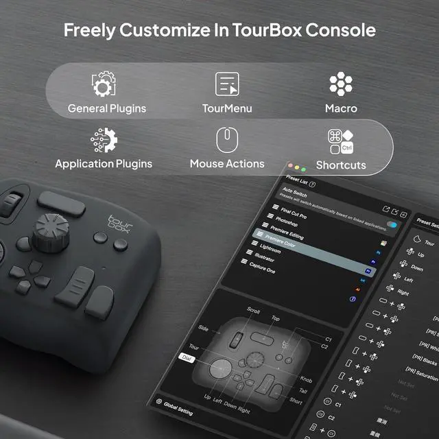 Alt view image 4 of 7 - TourBox NEO - Custom Controller for P Video Editing, Color Grading, Illustration, MacOS/Windows, Pshop Lightroom Davinci Resolve After Effects Premiere Final Cut Pro Programmable Keyboard