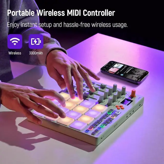 Alt view image 2 of 7 - Wireless MIDI Pad Controller, USB Rechargeable Beat Maker Machine for Music Production Professional with 16 RGB Beat Pad, OLED Screen, 16 Step Sequencer, MIDI In/Out/Thru