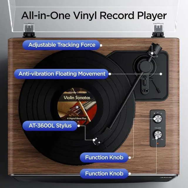 Alt view image 2 of 7 - All in One Vinyl Record Player,Bluetooth Turntable Built in 4 Stereo Sers Phono Preamp,High Fidelity Turntables for Vinyl Records with Magnetic Cridge AT-3600L MM,Belt Drive 2-Speed,33/45 RPM