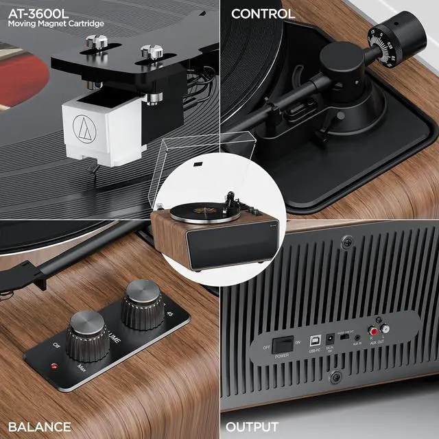 Alt view image 3 of 7 - All in One Vinyl Record Player,Bluetooth Turntable Built in 4 Stereo Sers Phono Preamp,High Fidelity Turntables for Vinyl Records with Magnetic Cridge AT-3600L MM,Belt Drive 2-Speed,33/45 RPM