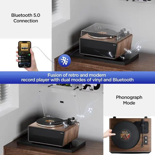 Alt view image 4 of 7 - All in One Vinyl Record Player,Bluetooth Turntable Built in 4 Stereo Sers Phono Preamp,High Fidelity Turntables for Vinyl Records with Magnetic Cridge AT-3600L MM,Belt Drive 2-Speed,33/45 RPM