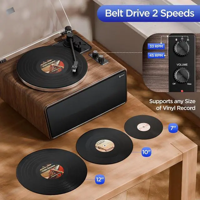 Alt view image 5 of 7 - All in One Vinyl Record Player,Bluetooth Turntable Built in 4 Stereo Sers Phono Preamp,High Fidelity Turntables for Vinyl Records with Magnetic Cridge AT-3600L MM,Belt Drive 2-Speed,33/45 RPM