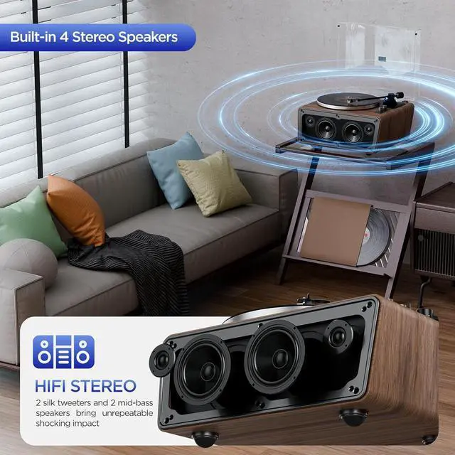 Alt view image 6 of 7 - All in One Vinyl Record Player,Bluetooth Turntable Built in 4 Stereo Sers Phono Preamp,High Fidelity Turntables for Vinyl Records with Magnetic Cridge AT-3600L MM,Belt Drive 2-Speed,33/45 RPM