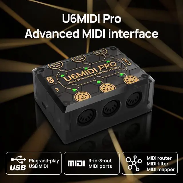 Alt view image 4 of 7 - U6MIDI Pro - MIDI Interface with Router, Mapper, and Filter - Plug-and-play USB MIDI for computers - Standalone 3-in-3-out MIDI for Merge, Split, Thru