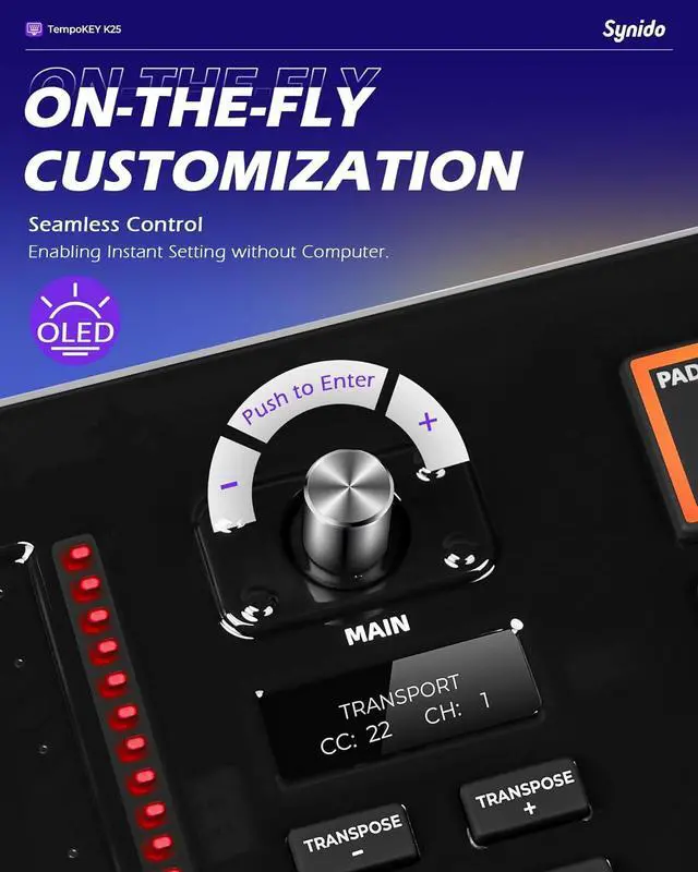 Alt view image 3 of 7 - MIDI Keyboard Controller 25 Key with 8 Drum Pads, Professional Mini USB Midi Keyboard with OLED Screen, Beat Maker Machine for Music Production, Black, TempoKey K25