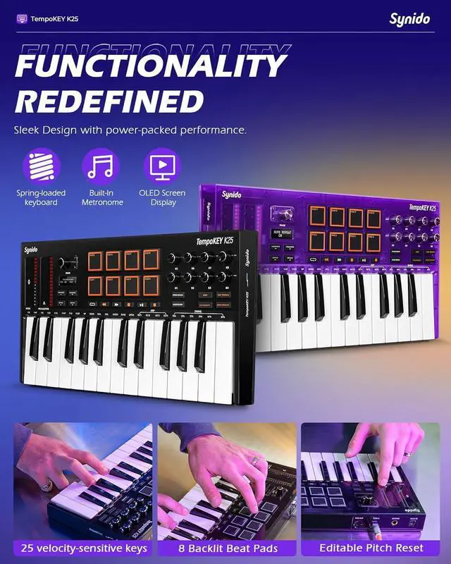Alt view image 4 of 7 - MIDI Keyboard Controller 25 Key with 8 Drum Pads, Professional Mini USB Midi Keyboard with OLED Screen, Beat Maker Machine for Music Production, Black, TempoKey K25