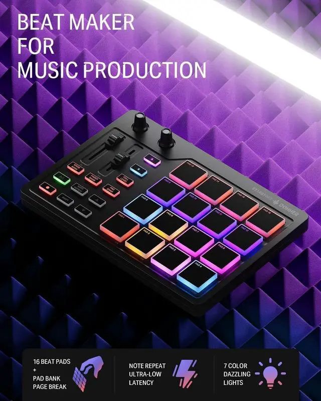Alt view image 2 of 7 - MIDI Pad Beat Maker Machine Professional, Drum Machine with 16 Beat Pads, 2 Assignable Fader & Knobs and Music Production Software, USB MIDI Controller with 40 Courses, STARRYPAD