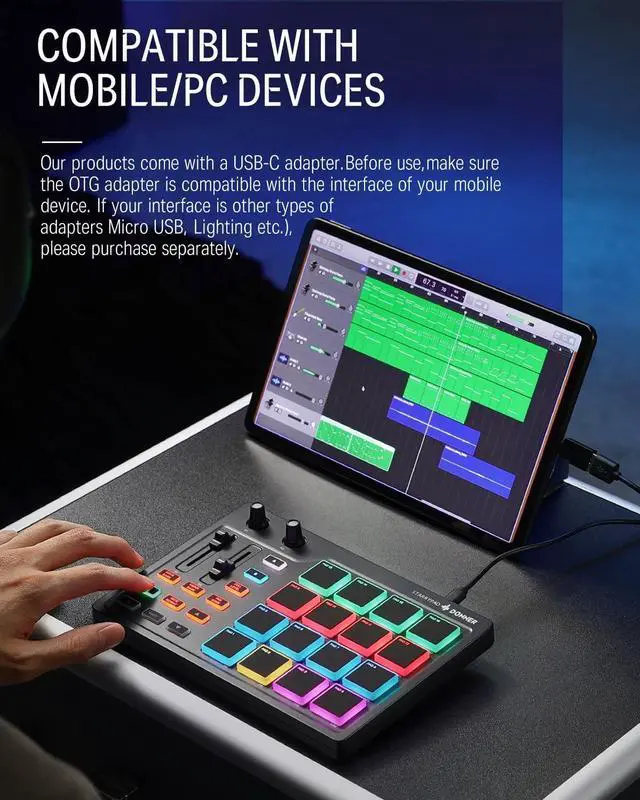 Alt view image 7 of 7 - MIDI Pad Beat Maker Machine Professional, Drum Machine with 16 Beat Pads, 2 Assignable Fader & Knobs and Music Production Software, USB MIDI Controller with 40 Courses, STARRYPAD