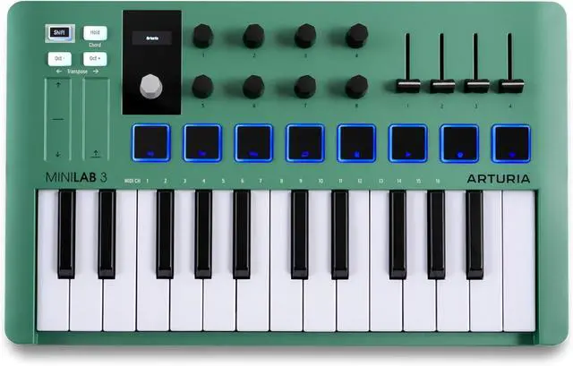 Main image of MiniLab 3  Limited Edition Mint Green 25 Key USB MIDI Keyboard Controller With 8 Multi-Color Drum Pads, 8 Knobs and Music Production Software Included