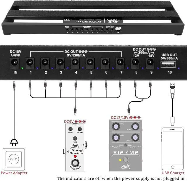 Alt view image 3 of 7 - Guitar Pedal Board with Built-in Power Supply Guitars Effect Pedalboard Aluminium Alloy Power Supply 19" x 5" with Bag, Pedal Cable