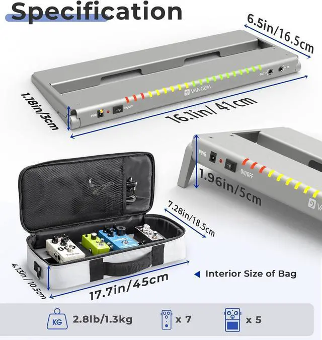 Alt view image 4 of 7 - Guitar Pedal Board with Built-in Isolated Power Supply, VPPD-S Aluminum Small Portable Folding Powered Guitar Pedalboard with Carry Bag, 2.8lb, Gray