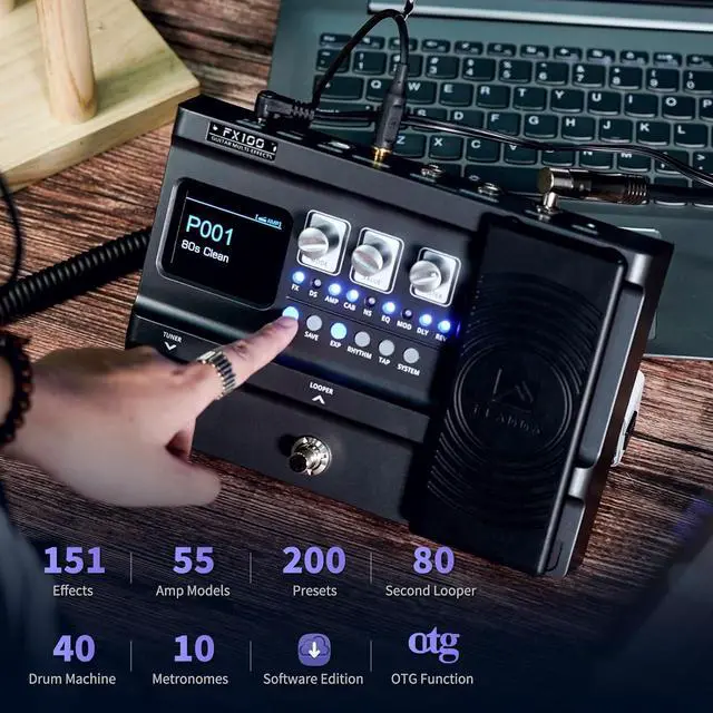 Alt view image 2 of 7 - FX100 Guitar Multi-effects Pedal with 55 Amp Models 151 Built-in Effects 80' Looper 40 Drum Machine 10 3rd Party IR Slots Headphone OTG for Home Practice Performance Live Streaming