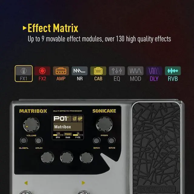 Alt view image 3 of 7 - Matribox - Guitar Multi Effects Processor with Expression Pedal, With 130 Built-in Guitar/Bass/Acoustic Effects, Amp Modeling, IR Cabinets Simulation, Stereo OTG USB Audio Interface QME-50