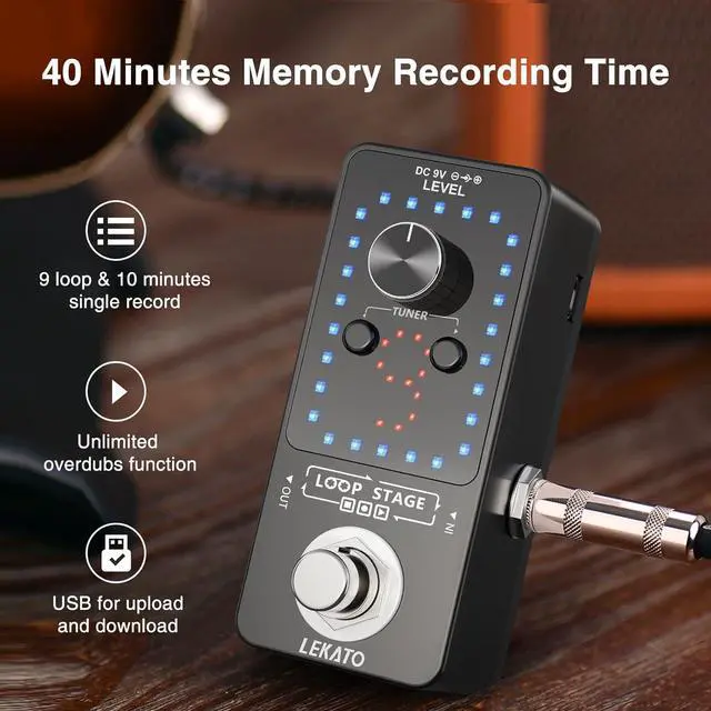 Alt view image 2 of 7 - Guitar Looper Pedal Effect Pedal with Tuner Function Looper Pedal Loops 9 Loops 40 minutes Record Time with USB Cable and 9V 0.6A Pedal Power Supply Adapter