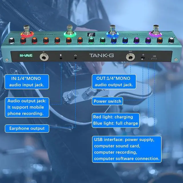 Alt view image 2 of 7 - TANK-G Multi-effects Guitar Pedal, 36 Presets, Rechargeable Battery, Delay, Reverb, Modulation, Preamp, Darkgreen