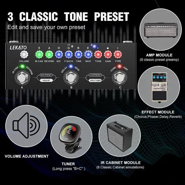 Alt view image 2 of 7 - Multi Effects Guitar Pedal, with IR Loading 9 AMP Models, Delay Reverb Distortion Overdrive Pedal, Rechargable Electric Guitar Effects Multi Pedal Support Recording,Bluetooth 5.0