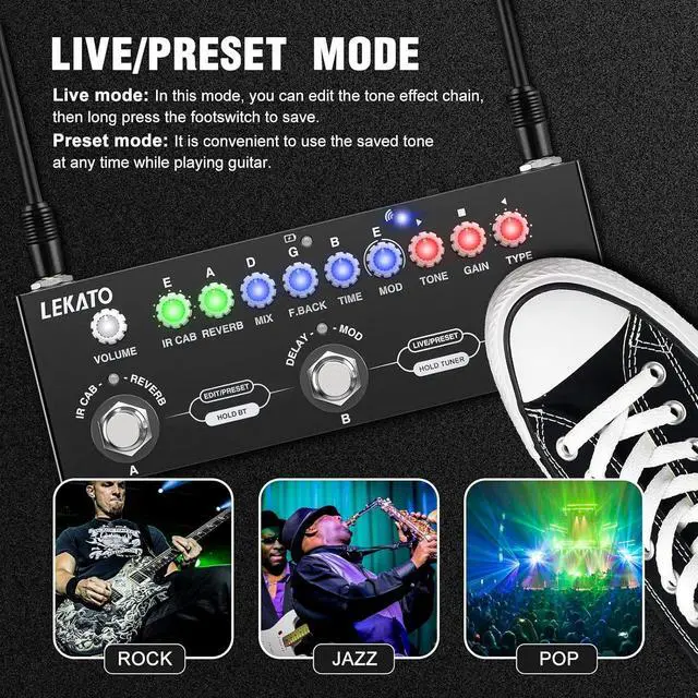 Alt view image 4 of 7 - Multi Effects Guitar Pedal, with IR Loading 9 AMP Models, Delay Reverb Distortion Overdrive Pedal, Rechargable Electric Guitar Effects Multi Pedal Support Recording,Bluetooth 5.0