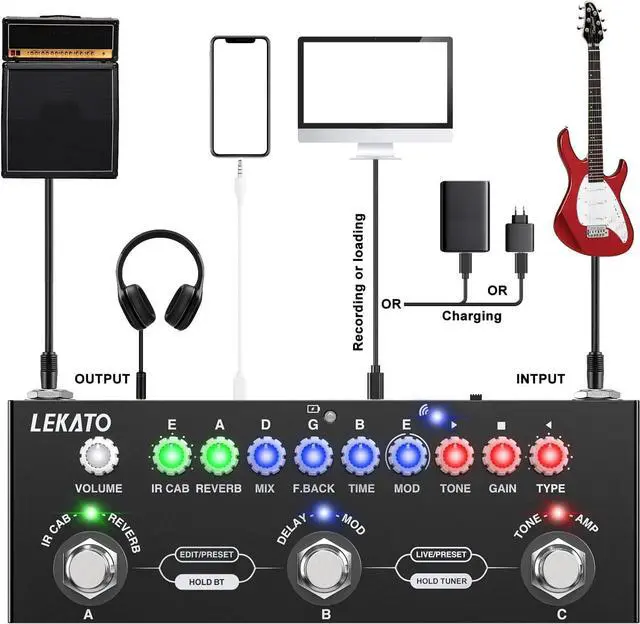 Alt view image 6 of 7 - Multi Effects Guitar Pedal, with IR Loading 9 AMP Models, Delay Reverb Distortion Overdrive Pedal, Rechargable Electric Guitar Effects Multi Pedal Support Recording,Bluetooth 5.0