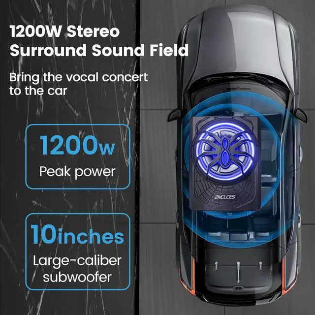 Alt view image 2 of 7 - 2025 Upgraded 10"1200W Slim Under Seat Powered Car Subwoofer, Car/Truck Sub Built in Amplifier for outstanding Heat Dissipation, Powerful bass and Blue LED Ambient Light enjoy Audio Experience
