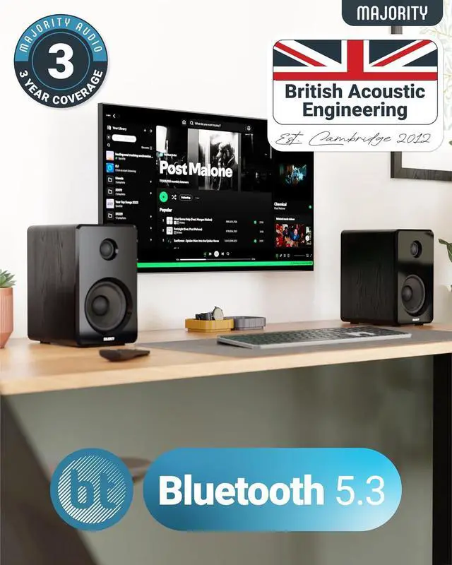 Alt view image 3 of 7 - Majority D40 Active Bookshelf Speakers | Powered Stereo Studio Speakers | Powerful Amplified 2.0 Channel Sound | Bluetooth, Optical, RCA, USB & Aux Playback | Digital Controls | HiFi Speakers