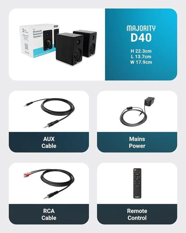 Alt view image 7 of 7 - Majority D40 Active Bookshelf Speakers | Powered Stereo Studio Speakers | Powerful Amplified 2.0 Channel Sound | Bluetooth, Optical, RCA, USB & Aux Playback | Digital Controls | HiFi Speakers