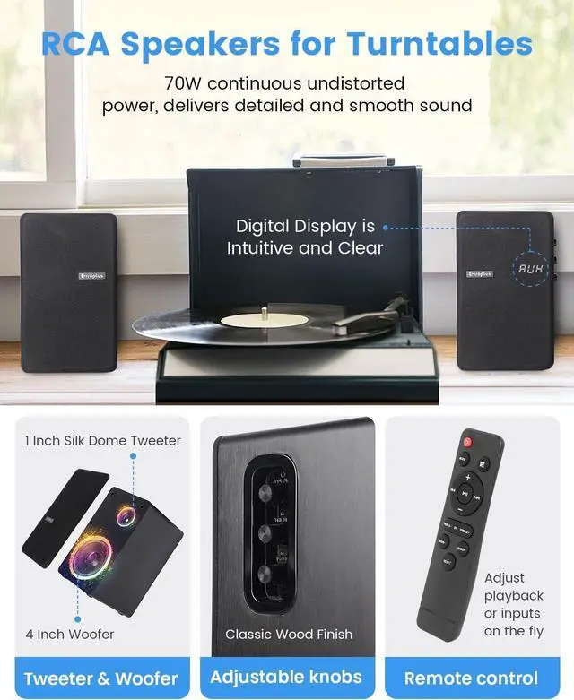 Alt view image 3 of 7 - Powered Bookshelf Sers Pair, 70W Surround Sound Home Stereo Sers Wired Optical/ARC/RCA/AUX/BT Input Active Record Player Sers with 4" Woofer for Turntable TV Desktop PC Monitor