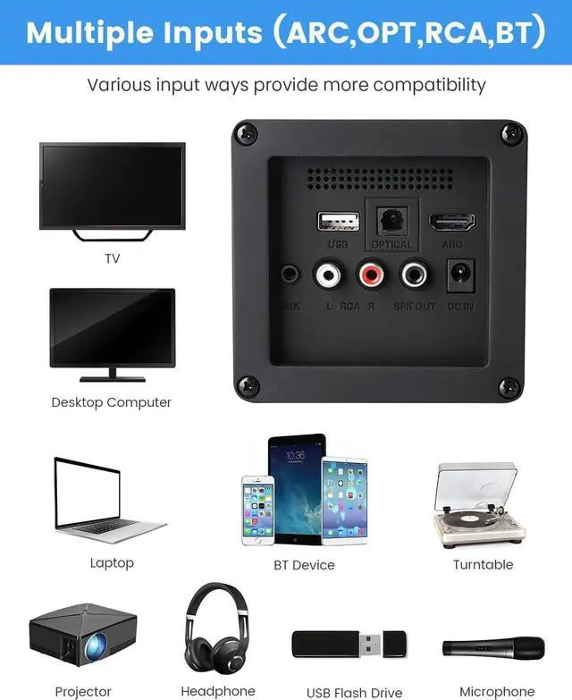 Alt view image 5 of 7 - Powered Bookshelf Sers Pair, 70W Surround Sound Home Stereo Sers Wired Optical/ARC/RCA/AUX/BT Input Active Record Player Sers with 4" Woofer for Turntable TV Desktop PC Monitor