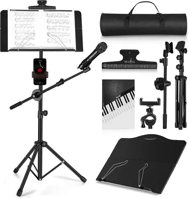 Main image of Music Stand,  Folding Sheet Music Stand with Detachable Microphone Stand & Phone Holder, Portable Lightweight with Music Sheet Clip Holder & Carrying Bag for Instrumental Performance