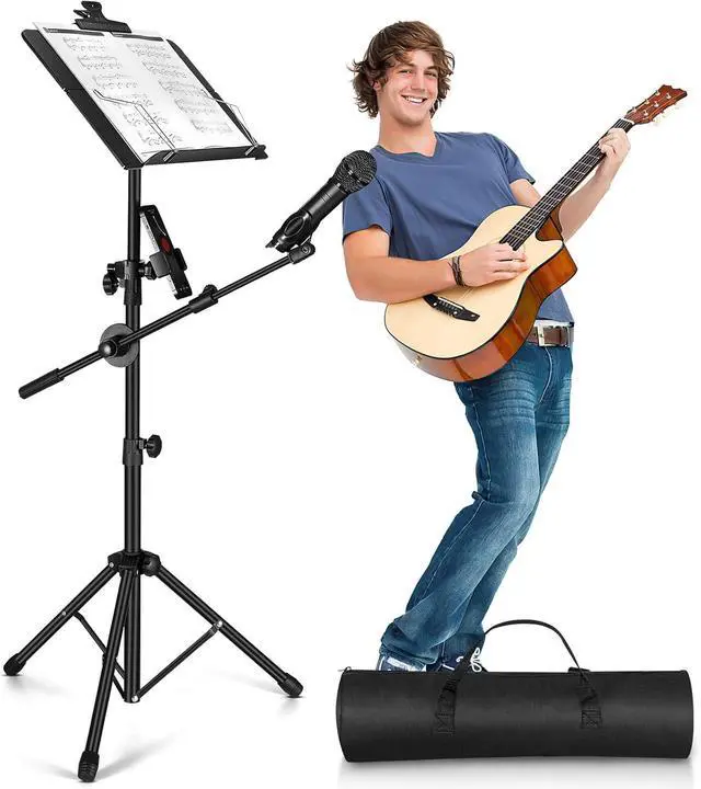 Alt view image 2 of 7 - Music Stand,  Folding Sheet Music Stand with Detachable Microphone Stand & Phone Holder, Portable Lightweight with Music Sheet Clip Holder & Carrying Bag for Instrumental Performance