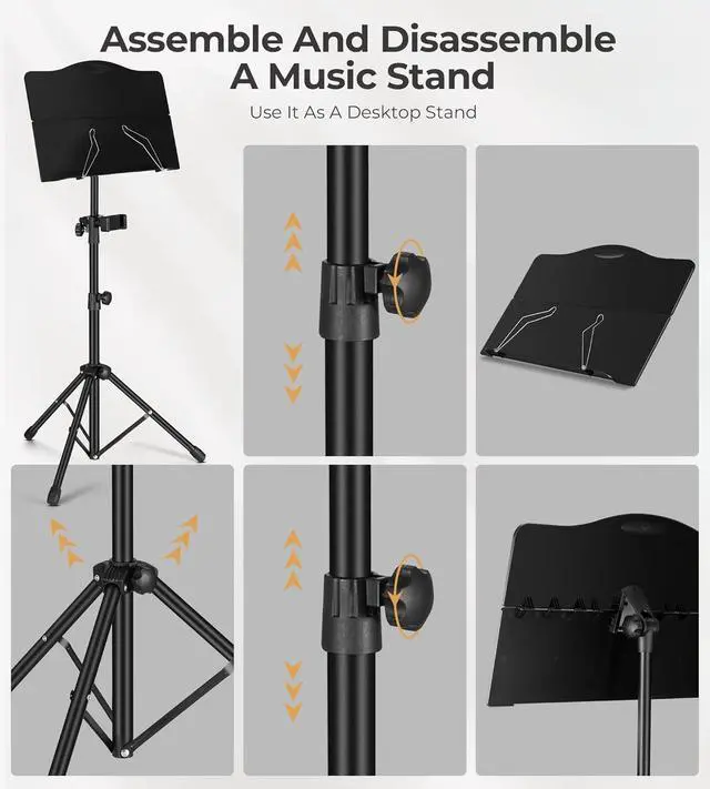 Alt view image 4 of 7 - Music Stand,  Folding Sheet Music Stand with Detachable Microphone Stand & Phone Holder, Portable Lightweight with Music Sheet Clip Holder & Carrying Bag for Instrumental Performance