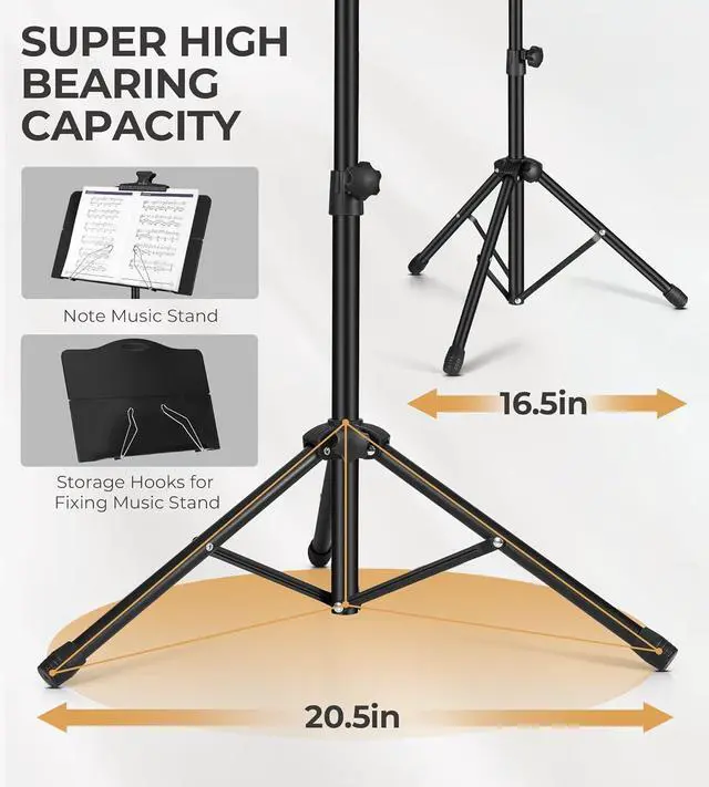Alt view image 6 of 7 - Music Stand,  Folding Sheet Music Stand with Detachable Microphone Stand & Phone Holder, Portable Lightweight with Music Sheet Clip Holder & Carrying Bag for Instrumental Performance