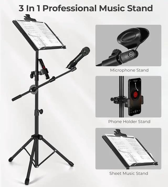 Alt view image 7 of 7 - Music Stand,  Folding Sheet Music Stand with Detachable Microphone Stand & Phone Holder, Portable Lightweight with Music Sheet Clip Holder & Carrying Bag for Instrumental Performance