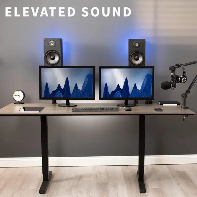 Alt view image 4 of 7 - Clamp-on Ser Stand Desk Mount Set, 10 x 9 inch Trays, Height Adjustment and Tilt,  Holders for Computer and Bookshelf Sers, Elevated Sound, 2 k, Black, MOUNT-SP01CB