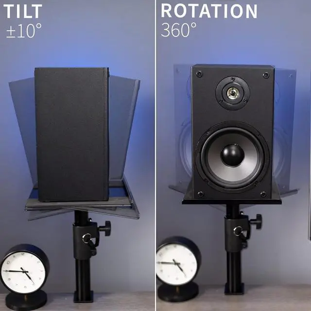 Alt view image 5 of 7 - Clamp-on Ser Stand Desk Mount Set, 10 x 9 inch Trays, Height Adjustment and Tilt,  Holders for Computer and Bookshelf Sers, Elevated Sound, 2 k, Black, MOUNT-SP01CB
