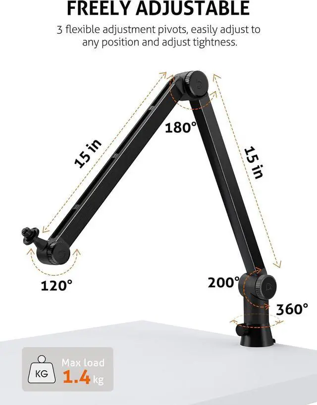 Alt view image 4 of 7 - Universal Heavy Duty Mic Boom Arm for Blue Yeti, QuadCast, SM7B & More, 360° Rotation, 15" Arm, Metal Clamp, Blue
