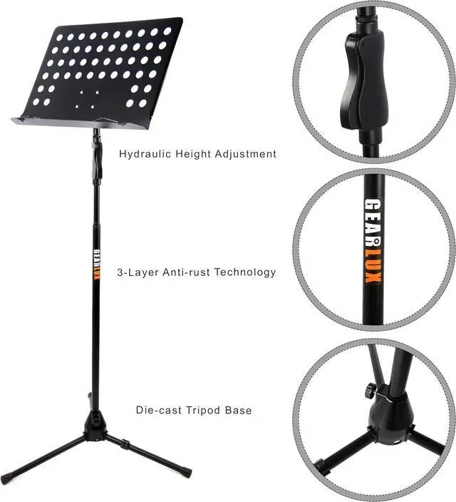 Alt view image 2 of 7 - Heavy-Duty Vented Die-Cast Sheet Music Stand with Hydraulic Grip Height Adjustment up to 71 Inches and Triple Layer Anti-Rust Coating