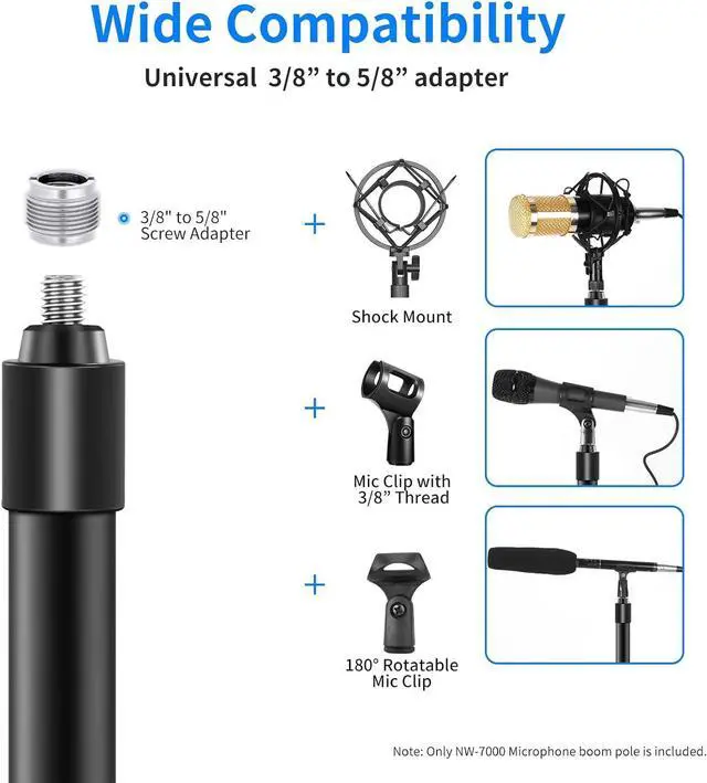 Alt view image 2 of 7 - NW-7000 Microphone Boom Arm, 3 Section Extendable Handheld Mic Arm with 3/8" & 3/8" to 5/8" Screw Adapter, 3ft to 8ft Adjustable Length,Auxiliary