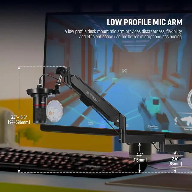 Alt view image 2 of 7 - Low Profile Mic Arm Desk Mount, 360° Swivel Boom Arm with Pneumatic Damping Adjustable, Cable Management, Compatible with Shure MV7 SM7B Blue Yeti Gaming Streaming Podcast Microphone, MS002