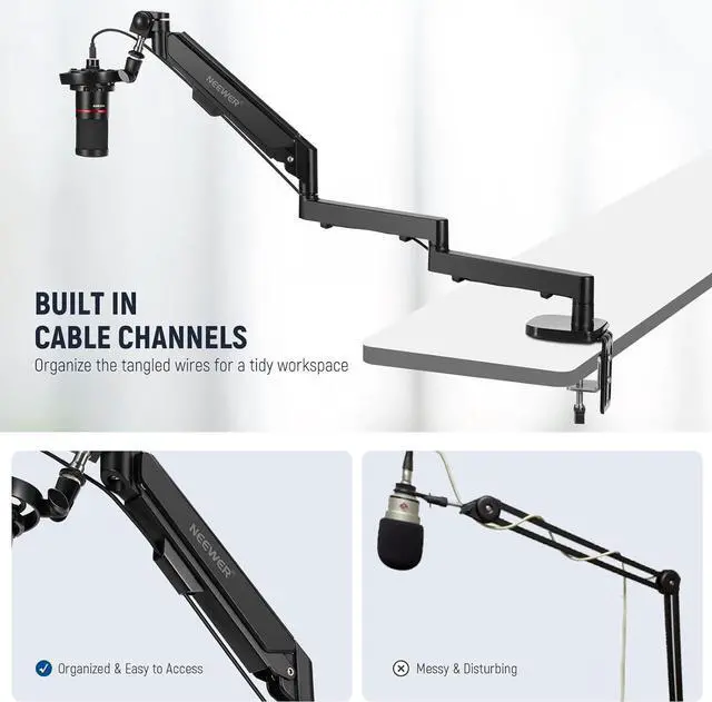 Alt view image 7 of 7 - Low Profile Mic Arm Desk Mount, 360° Swivel Boom Arm with Pneumatic Damping Adjustable, Cable Management, Compatible with Shure MV7 SM7B Blue Yeti Gaming Streaming Podcast Microphone, MS002