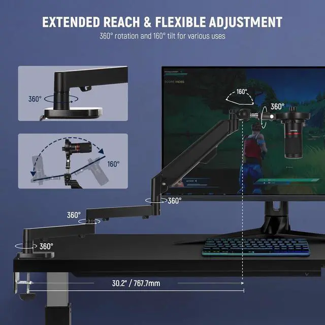 Alt view image 3 of 7 - Low Profile Mic Arm Desk Mount, 360° Swivel Boom Arm with Pneumatic Damping Adjustable, Cable Management, Compatible with Shure MV7 SM7B Blue Yeti Gaming Streaming Podcast Microphone, MS002