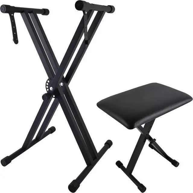 Main image of Piano Keyboard Stand and Bench Set, Double-X Keyboard Stand Adjustable Digital Piano Stand with Lockable Straps, (Piano Keyboard Stand x 1, Piano Bench x 1), Black