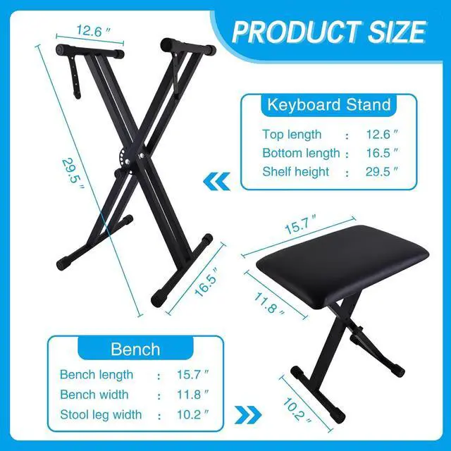 Alt view image 2 of 7 - Piano Keyboard Stand and Bench Set, Double-X Keyboard Stand Adjustable Digital Piano Stand with Lockable Straps, (Piano Keyboard Stand x 1, Piano Bench x 1), Black