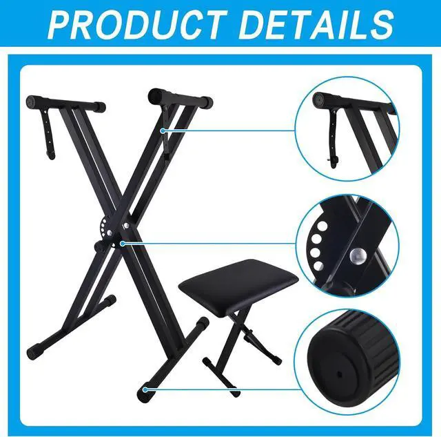 Alt view image 4 of 7 - Piano Keyboard Stand and Bench Set, Double-X Keyboard Stand Adjustable Digital Piano Stand with Lockable Straps, (Piano Keyboard Stand x 1, Piano Bench x 1), Black