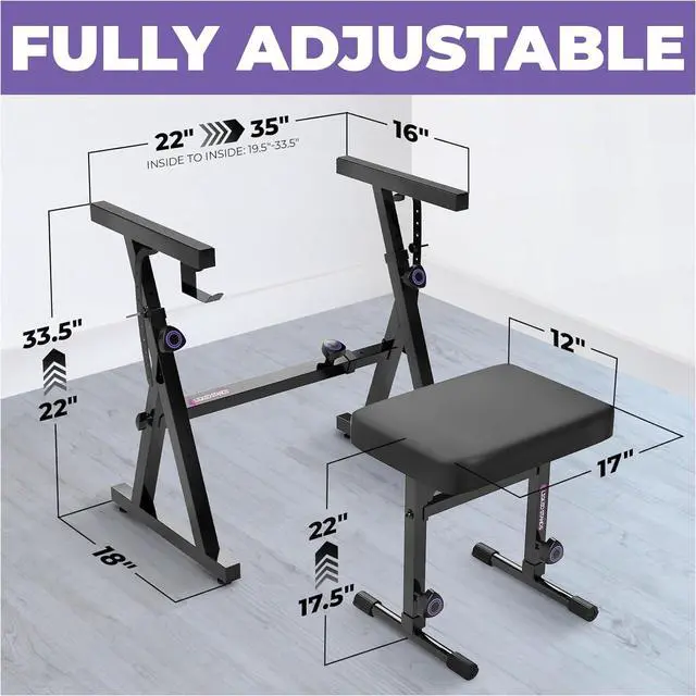 Alt view image 2 of 6 - Portable Heavy Duty Digital Piano Stand & Bench Set - Adjustable Keyboard Music Stand & Seat for 54-88 Key Electric Pianos