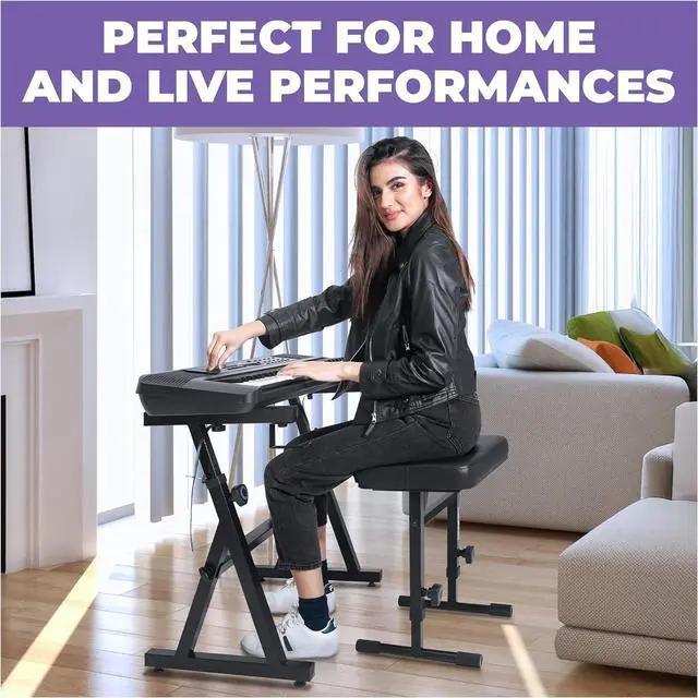 Alt view image 6 of 6 - Portable Heavy Duty Digital Piano Stand & Bench Set - Adjustable Keyboard Music Stand & Seat for 54-88 Key Electric Pianos