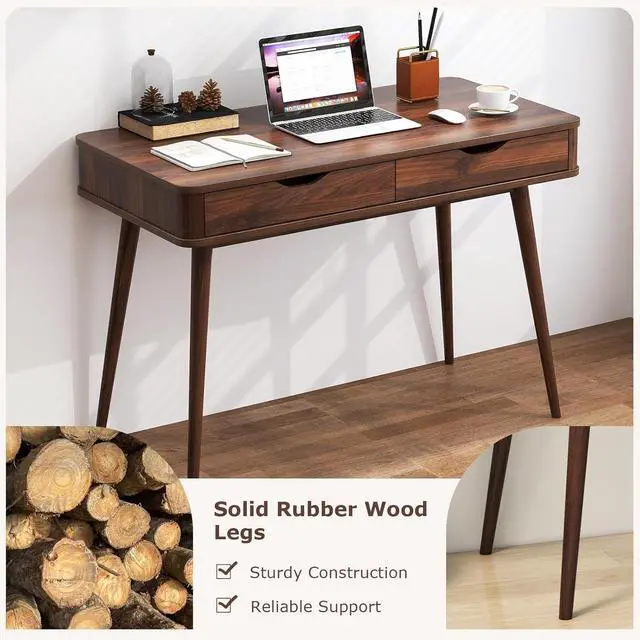 Alt view image 6 of 7 - Mid Century Desk with 2 Storage Drawers, Modern Writing Study Desk with Rubber Wood Legs, Versatile Home Office Study Desk for Small Se, Vanity Table for Bedroom (Walnut)