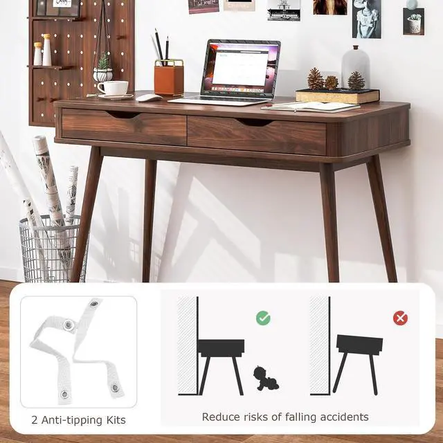 Alt view image 7 of 7 - Mid Century Desk with 2 Storage Drawers, Modern Writing Study Desk with Rubber Wood Legs, Versatile Home Office Study Desk for Small Se, Vanity Table for Bedroom (Walnut)