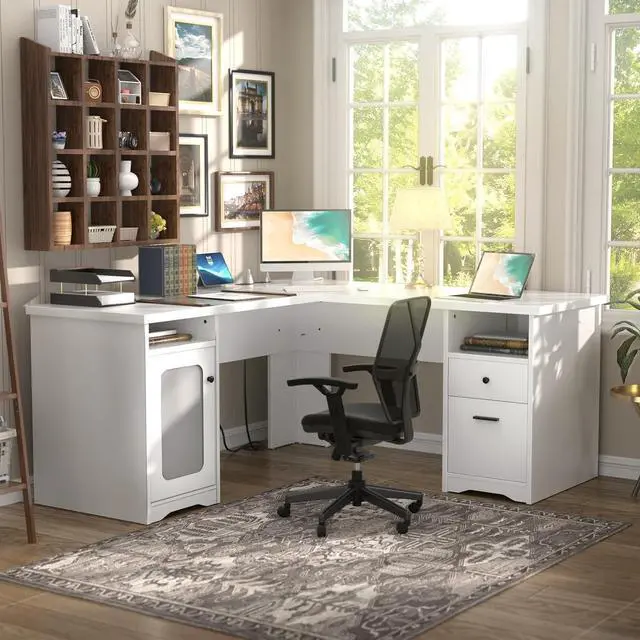 Alt view image 2 of 7 - L Shaped Computer Desk with Drawer, 60 Inch Office Desk with Power Outlets and USB Ports, Large L Shape Corner Desks with File Cabinet, 2 Person Home Office Table with Storages, Pure White